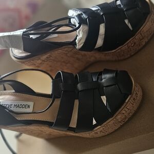 Steve Madden Black Wedge "Arbor" Sandals Cork 6.5
